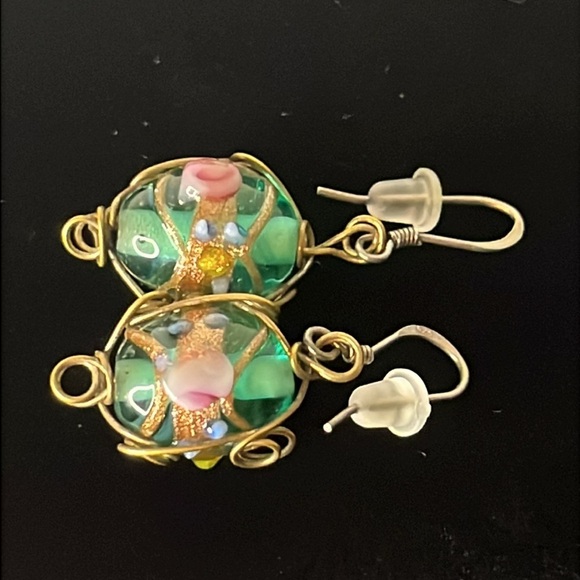 Hand Crafted Lampwork Glass Bead Gold Wire Scroll Dangle Sterling Hook Earrings - Picture 5 of 5